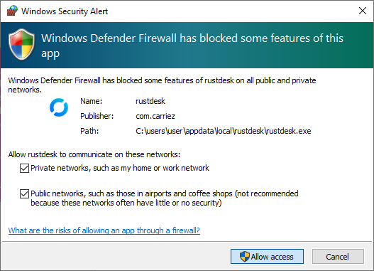 Windows Firewall warning